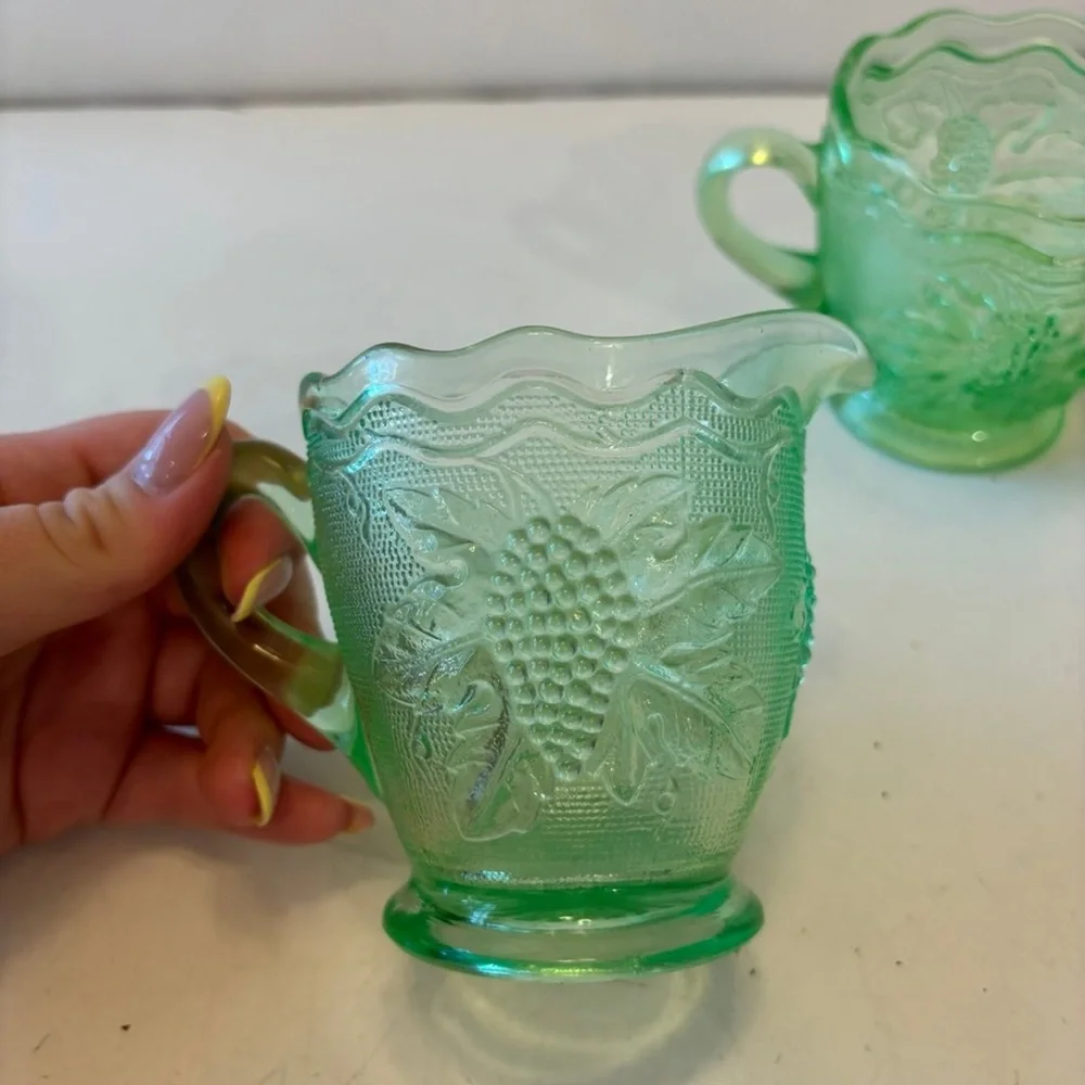 Vintage Green Westmoreland Grape Pattern Uranium Glass Creamer/ Sugar set